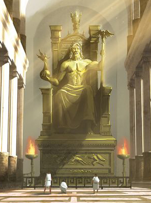 The statue of Zeus at Olympia. This is an imagination of what it would look like, since it doesn't exist anymore. In Elementals, they visit a replica.